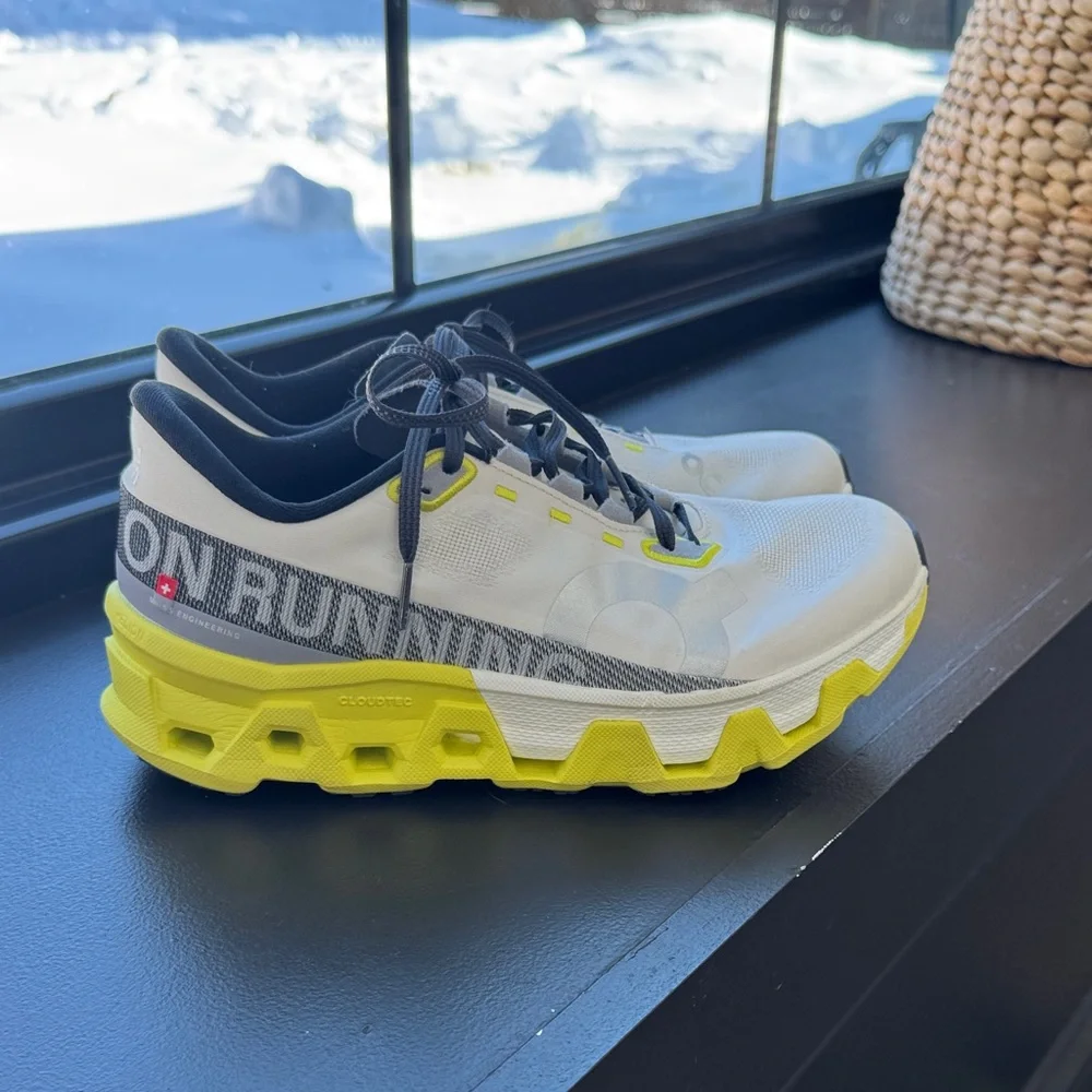 On Running Cloudmonster Hyper White and Neon Yellow Athletic Shoes - Picture 1 of 8